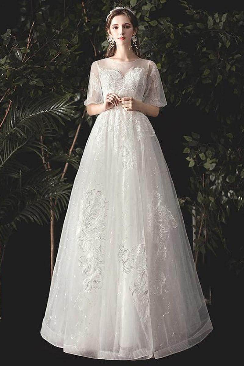 A-Line Floor Length Lace Sparkle Tulle Wedding Dress 679817491233 - COCOMELODY